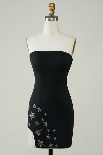 Stylish Sheath Strapless Black Short Formal Dress with Tassel